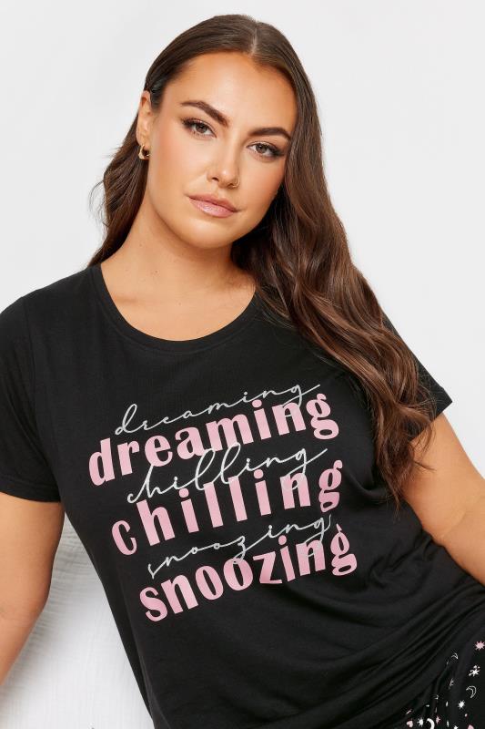 YOURS Plus Size Black 'Dreaming Chilling Snoozing' Slogan Pyjama Set | Yours Clothing 4
