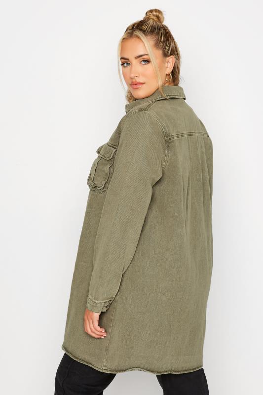 LIMITED COLLECTION Plus Size Khaki Green Washed Longline Denim Jacket | Yours Clothing 3