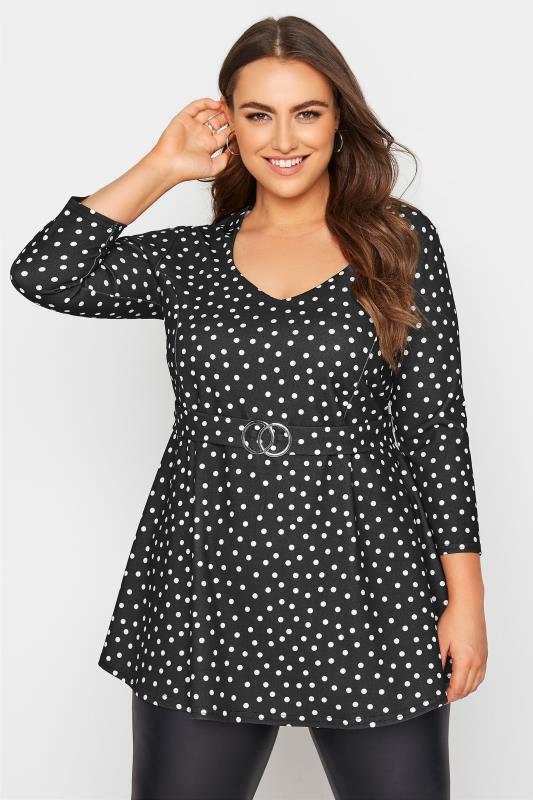YOURS LONDON Curve Black Polka Dot Belted Peplum Top 1