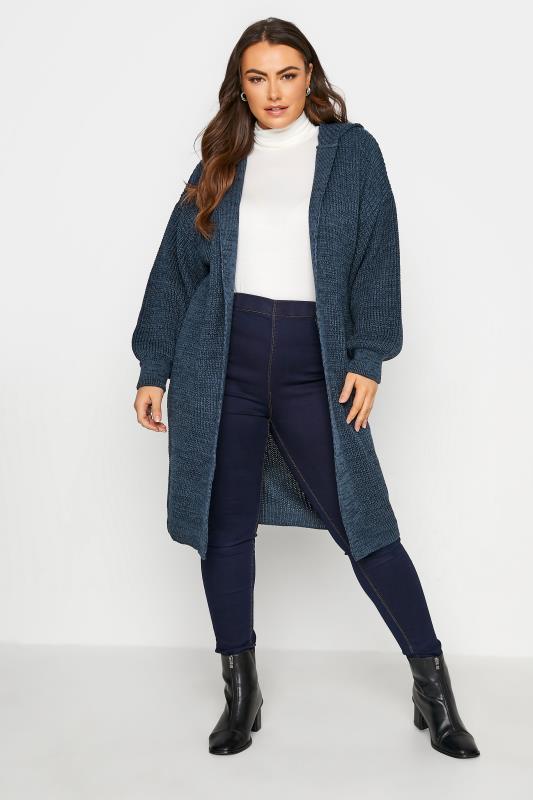 Plus Size  Blue Twist Longline Hooded Cardigan