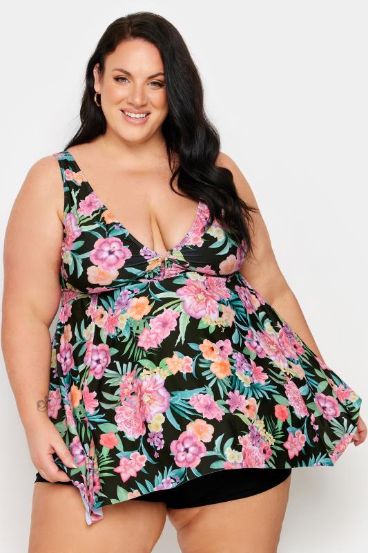 YOURS Plus Size Black Tropical Print Buckle Front Tankini Top | Yours Clothing 1