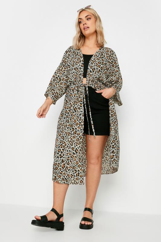 YOURS Plus Size Brown Leopard Print Longline Kimono | Yours Clothing 1