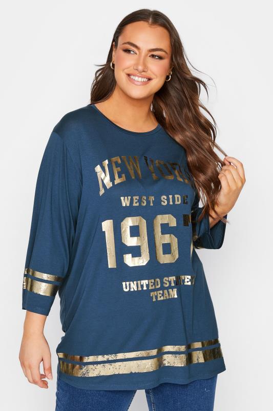 Plus Size Navy Blue Metallic Varsity T-Shirt | Yours Clothing 1