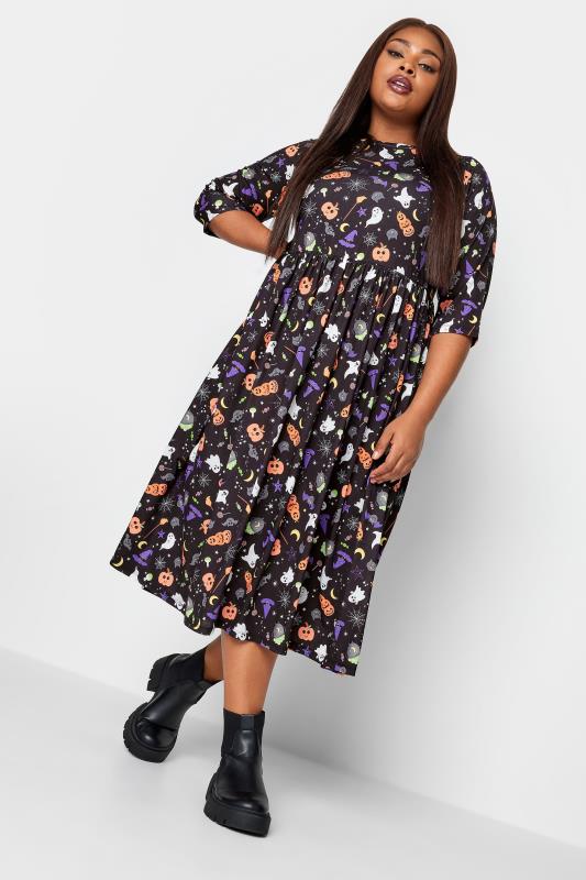 Plus Size  LIMITED COLLECTION Curve Black Halloween Print Smock Midaxi Dress