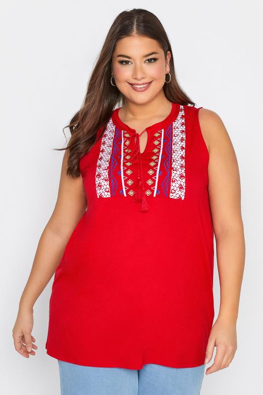 Plus Size  Curve Red Aztec Embroidered Tie Neck Top