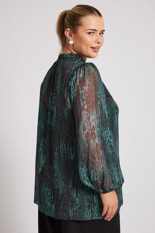 YOURS LONDON Plus Size Green Leopard Print Metallic Stripe Chiffon Blouse | Yours Clothing  4