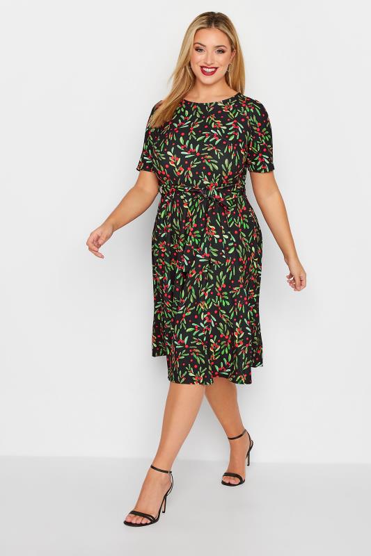 YOURS LONDON Plus Size Black Winter Berry Christmas Skater Dress | Yours Clothing 2