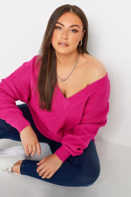 YOURS Plus Size Pink Double V-Neck Jumper | Yours Clothing 4