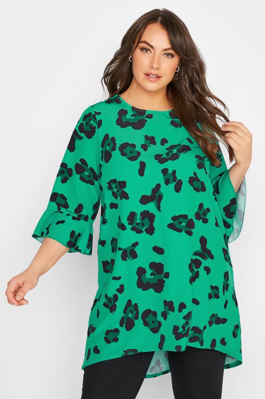 Plus Size  YOURS LONDON Curve Bright Green Leopard Print Flute Sleeve Tunic Top