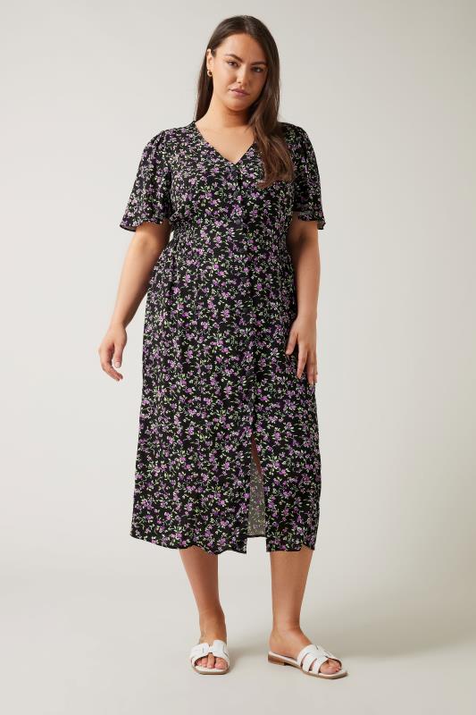 EVANS Plus Size Black & Purple Floral Print Midi Dress | Evans 2