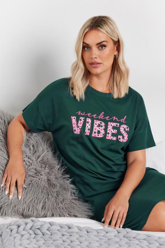 YOURS Plus Size Green 'Weekend Vibes' Sleep Tee Nightdress | Yours Clothing 2