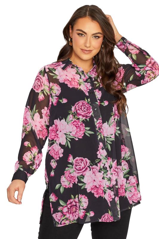 YOURS LONDON Plus Size Curve Black & Pink Floral Print Longline Shirt | Yours Clothing  8