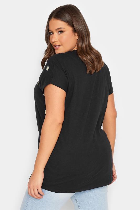 YOURS Curve Plus Size Black Daisy Embroided T-Shirt | Yours Clothing  3