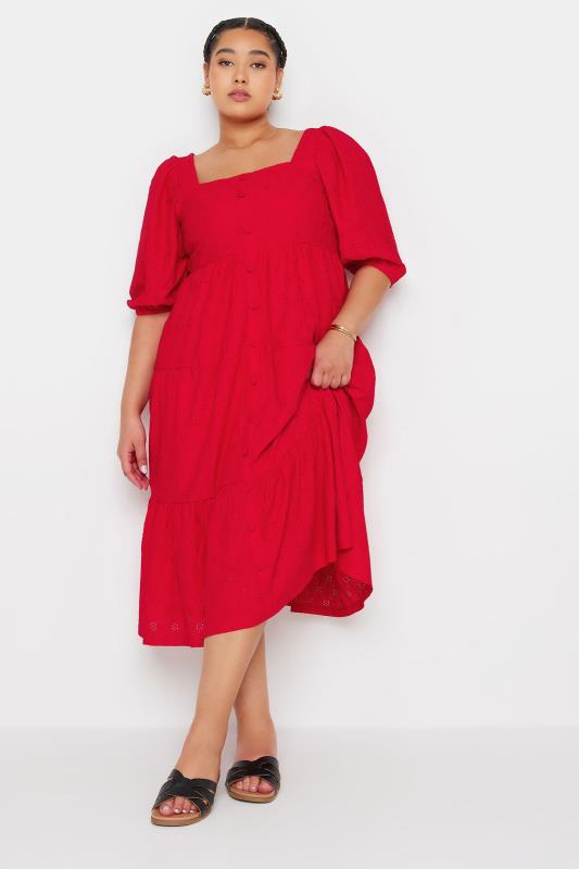 YOURS Plus Size Red Broderie Anglaise Button Front Dress | Yours Clothing 2
