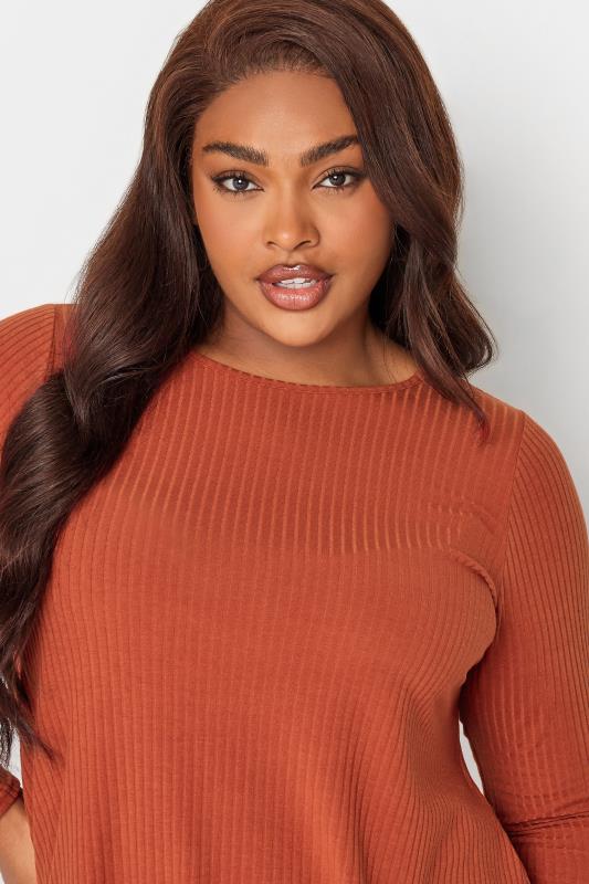 YOURS Plus Size Rust Orange Ribbed Long Sleeve Swing Top | Yours Clothing 4