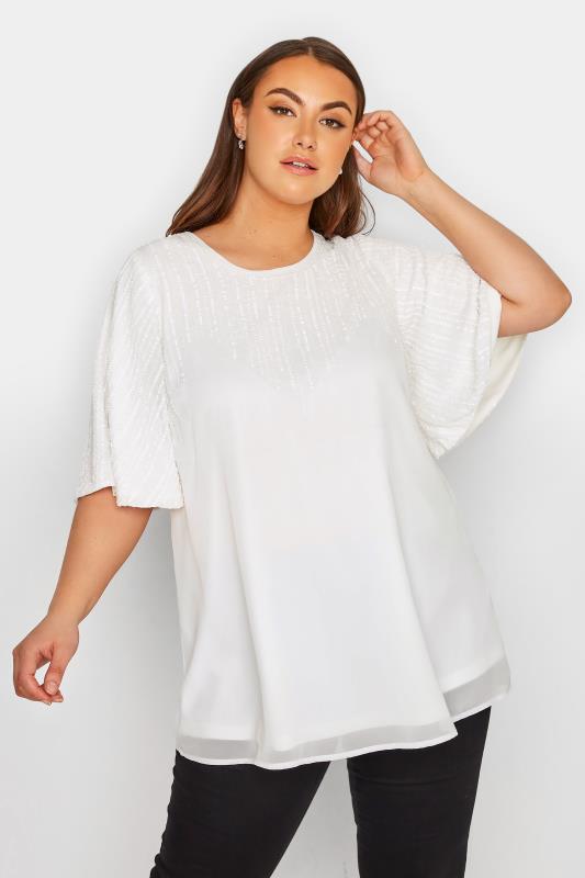  dla puszystych LUXE Curve White Sequin Embellished Sweetheart Top