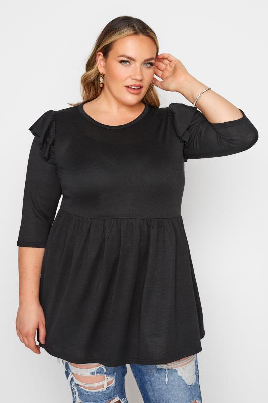 rester Isbjørn Indien Plus Size Black Frill Knitted Peplum Top | Yours Clothing