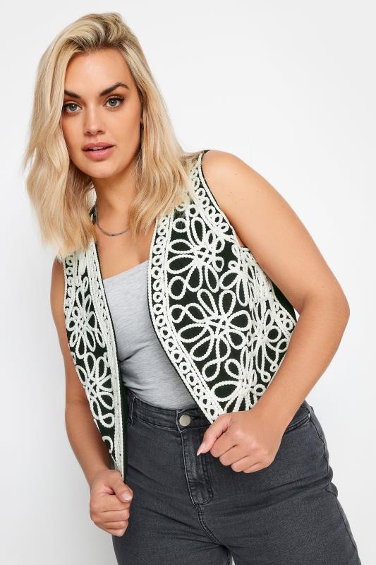 YOURS Plus Size Black & White Embroidered Waistcoat | Yours Clothing 1