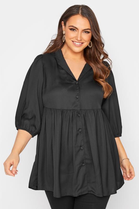 YOURS LONDON Plus Size Black Open Collar Smock Blouse | Yours Clothing 1