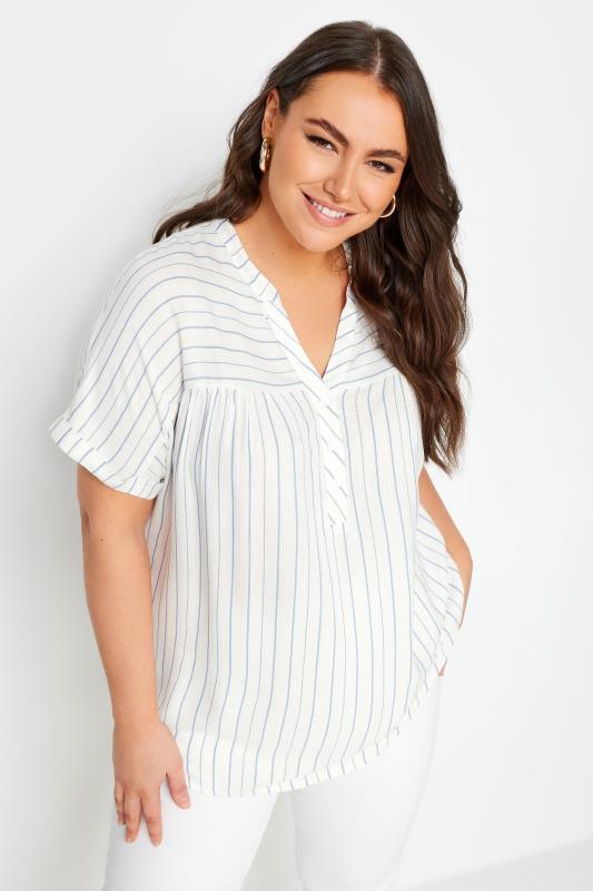 YOURS Plus Size White & Navy Blue Stripe Notch Neck Blouse | Yours Clothing 1