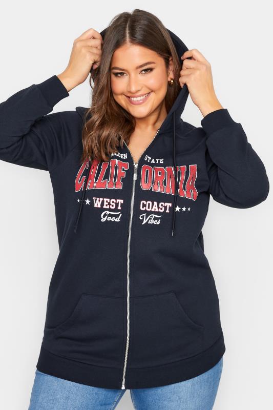 YOURS Curve Plus Size Navy Blue 'California' Slogan Zip Up Hoodie | Yours Clothing  4