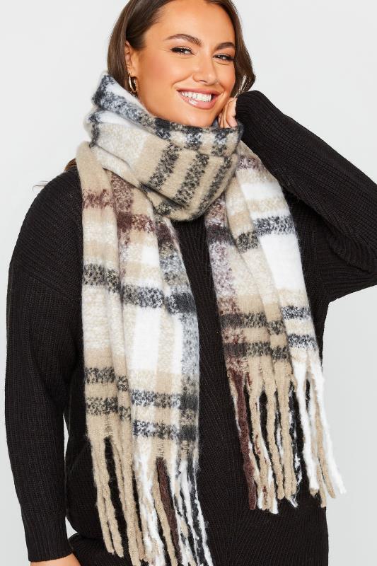  Grande Taille Brown & White Check Chunky Tassel Scarf