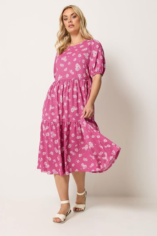 YOURS Plus Size Pink Daisy Tiered Midi Dress | Yours Clothing 1
