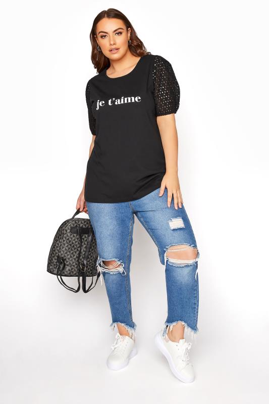 LIMITED COLLECTION Black Broderie Anglaise Puff Sleeve "Je T'aime" Slogan T-shirt_B.jpg