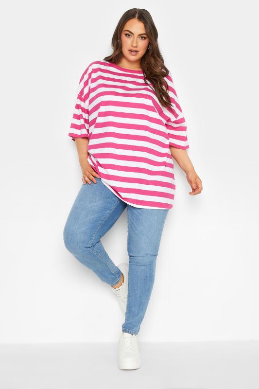 YOURS Plus Size Pink & White Stripe Oversized Boxy T-Shirt | Yours Clothing 2