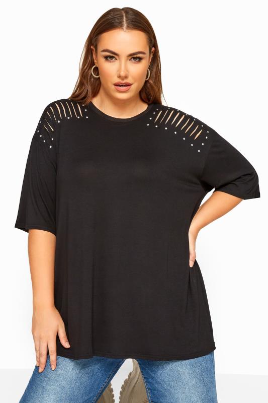 Plus Size Day Tops LIMITED COLLECTION Black Stud Laser Cut Top