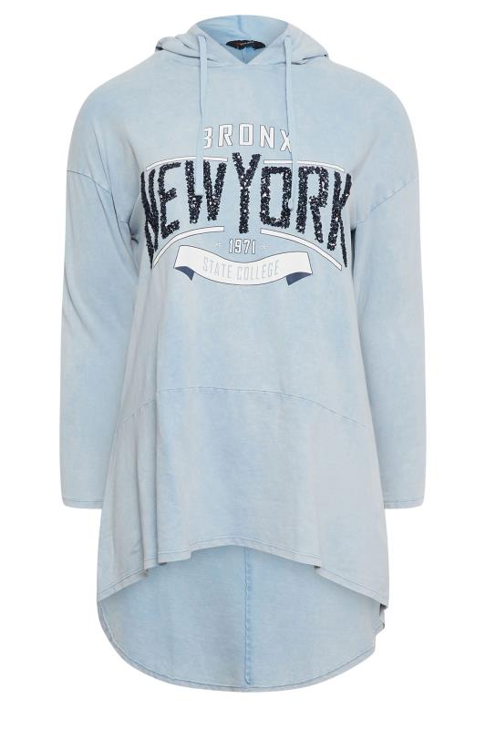 YOURS Plus Size Light Blue 'New York' Slogan Acid Wash Hoodie | Yours Clothing 5