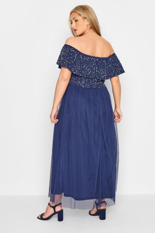 LUXE Curve Blue Bardot Hand Embellished Maxi Dress 3