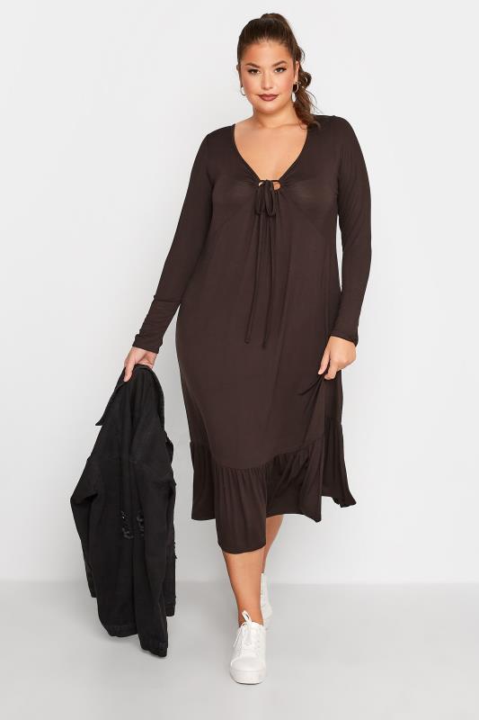 LIMITED COLLECTION Plus Size Chocolate Brown Keyhole Tie Neck Midaxi Dress | Yours Clothing 2