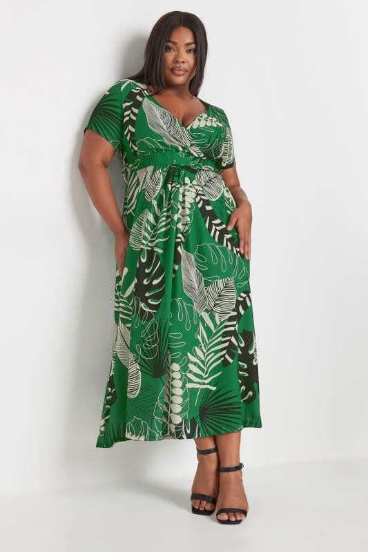 YOURS Plus Size Green Leaf Print Woven Wrap Maxi Dress | Yours Clothing 1