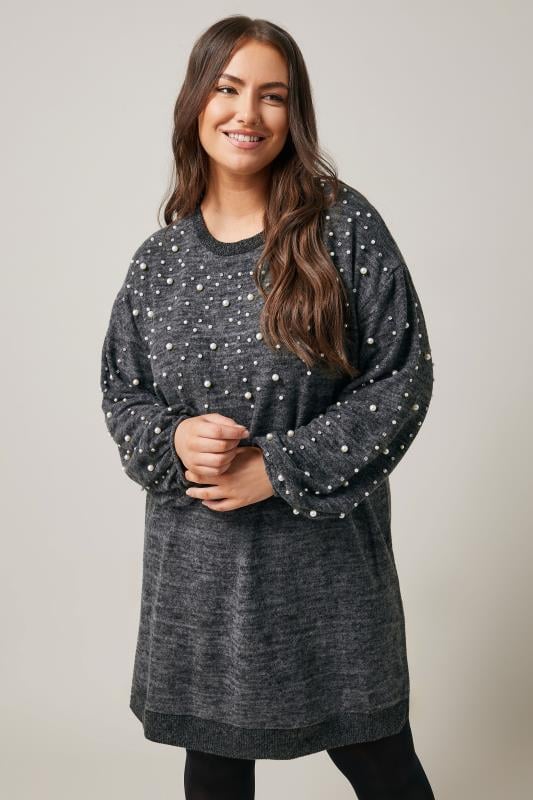 Plus Size  EVANS Curve Grey Pearl Embellished Jumper Dress