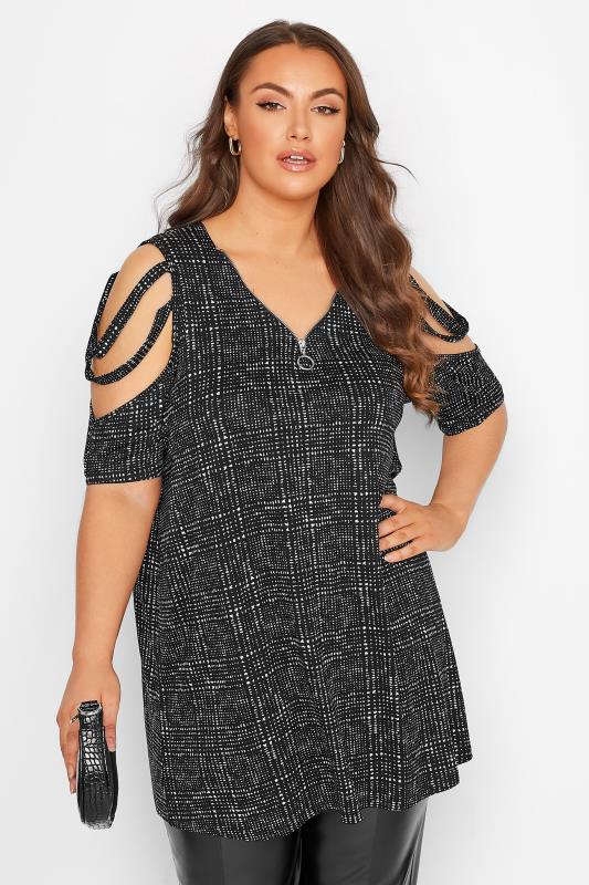 Plus Size Black Checked Zip Neck Cold Shoulder Top | Yours Clothing  1
