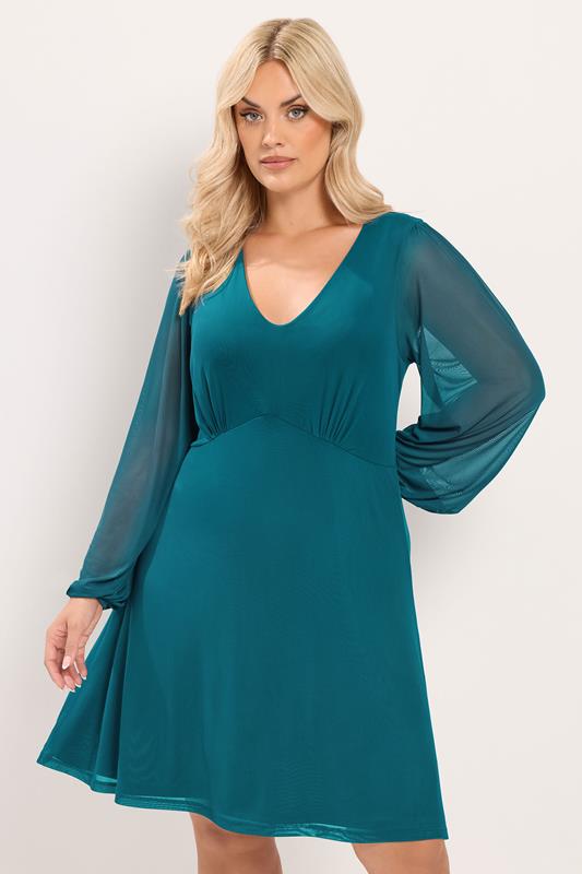Yours Women's Curve Plus Size Teal Blue Balloon Sleeve Mesh Dress Size 12