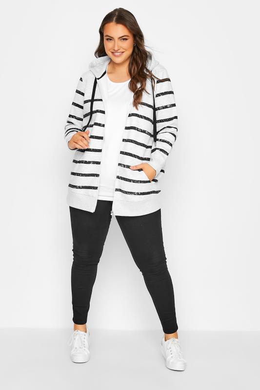 Plus Size Grey Stripe Print Zip Hoodie | Yours Clothing 2