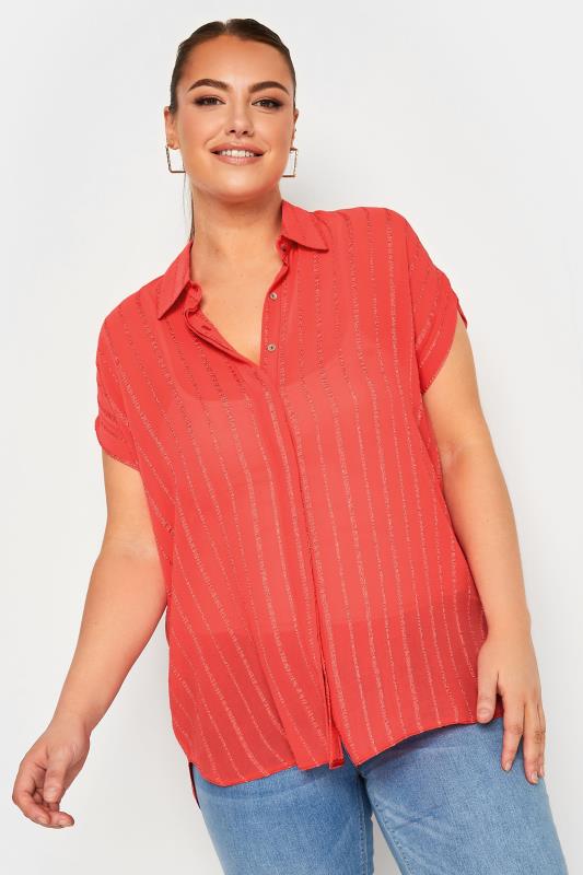YOURS Curve Plus Size Coral Pink Short Sleeve Stripe Shirt | Yours Clothing 1