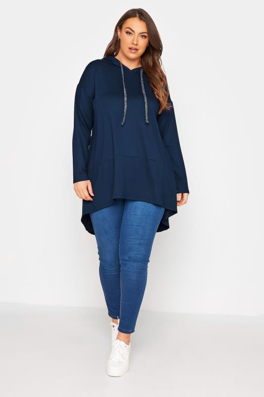 Plus Size Navy Blue Dipped Hem Longline Hoodie | Yours Clothing 2