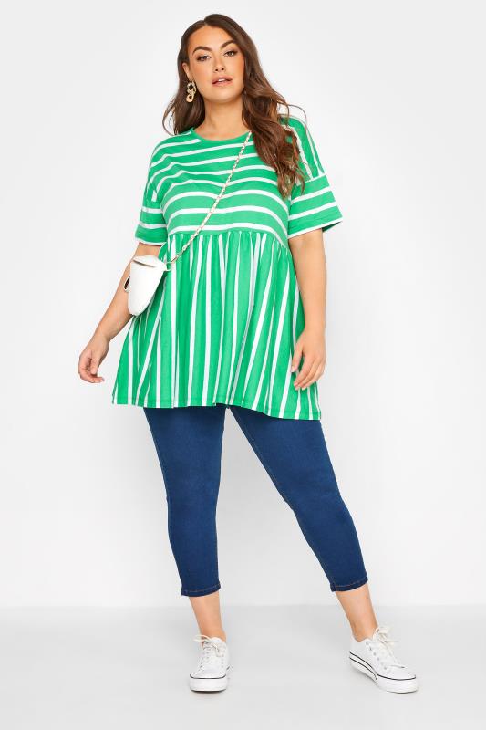Plus Size Green Stripe Drop Shoulder Peplum Top | Yours Clothing 2