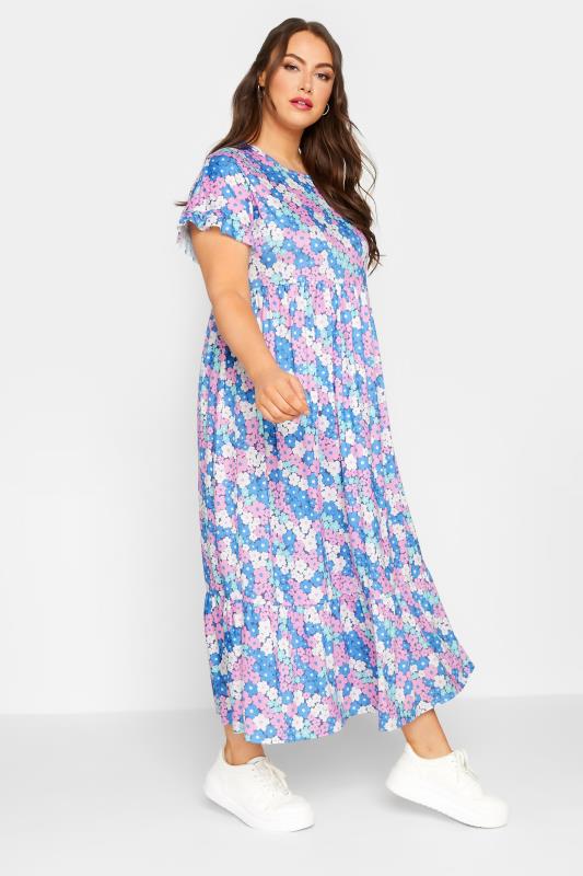 LIMITED COLLECTION Plus Size Blue Floral Print Frill Sleeve Maxi Dress | Yours Clothing 2