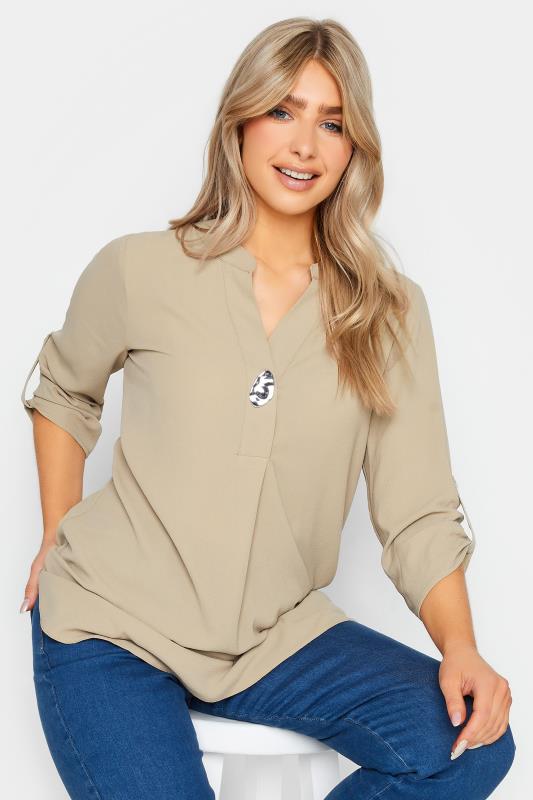 Women's  M&Co Beige Brown Long Sleeve Button Blouse