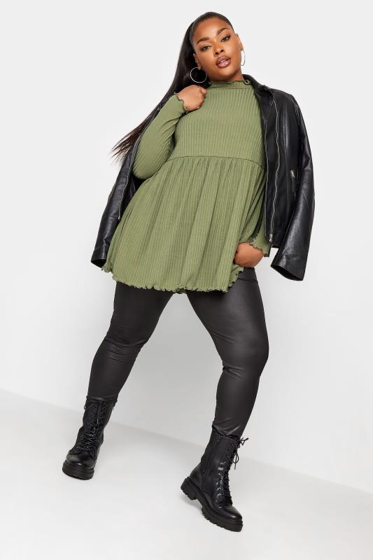 LIMITED COLLECTION Plus Size Khaki Green Peplum Lettuce Hem Top | Yours Clothing   2