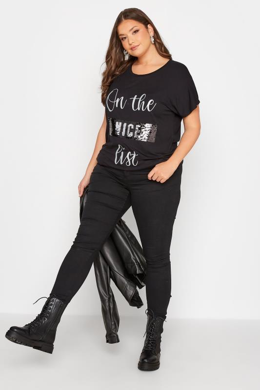 Curve Black 'On The Nice List' Sequin Embellished Christmas T-Shirt | Yours Clothing 3