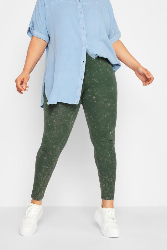 Plus Size  YOURS Curve Green Acid Wash Stretch Leggings