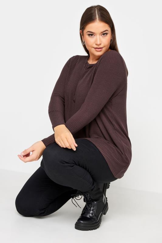 YOURS Plus Size Chocolate Brown Long Sleeve Ribbed Swing Top | Yours Clothing 4
