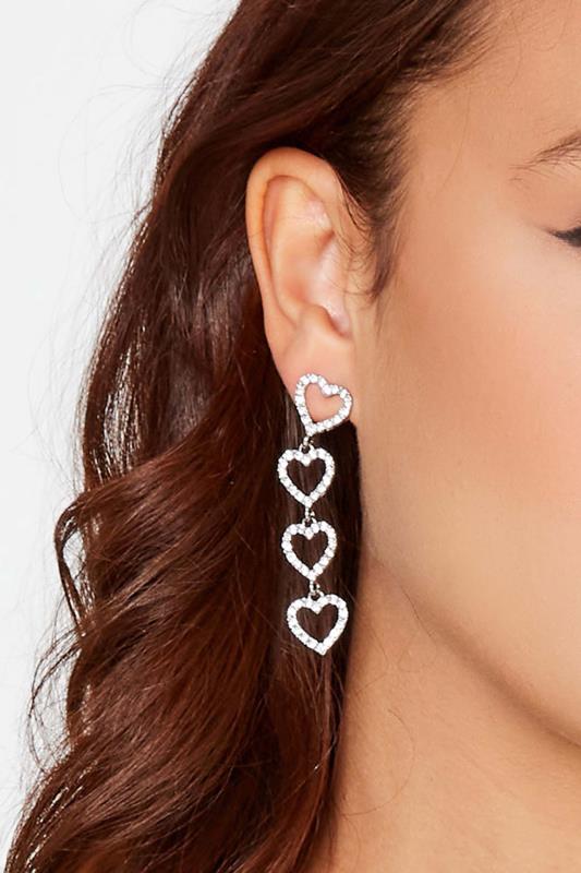  Silver Heart Diamante Drop Earrings