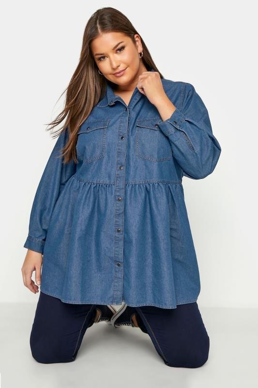 Plus Size Blue Wash Peplum Denim Shirt | Yours Clothing 1