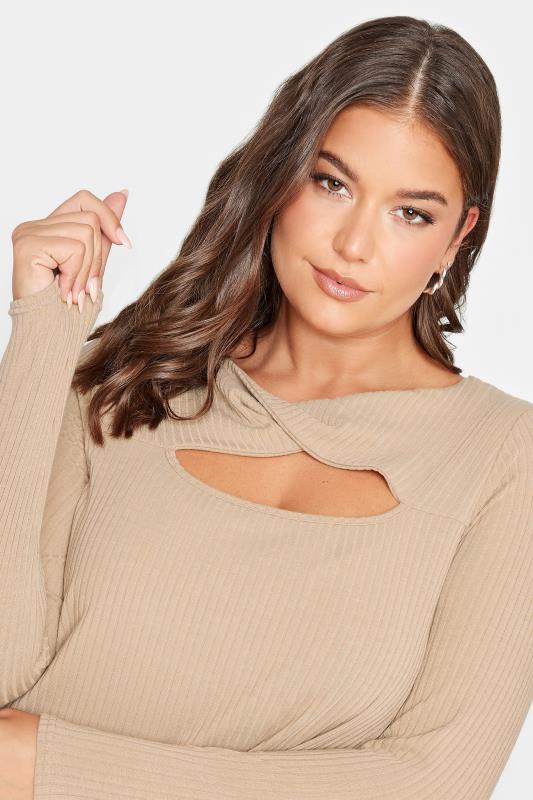 YOURS Plus Size Beige Brown Twisted Front Ribbed Top | Yours Clothing 4